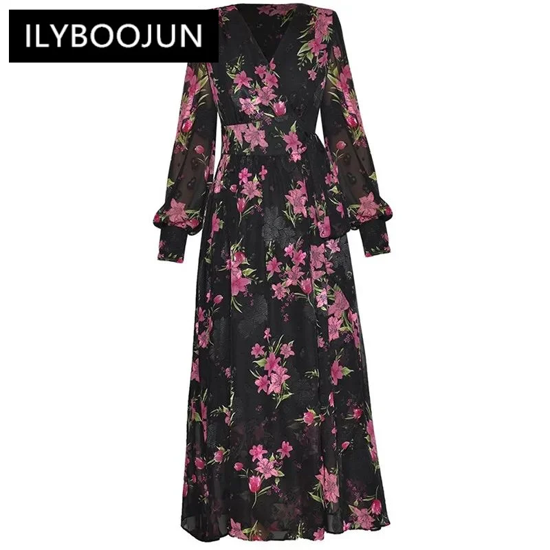 

ILYBOOJUN Fashion Designer Women's New V-Neck Lantern Long-Sleeved Lace-Up Jacquard Vintage Printed Shaggy Wrap Maxi Dress