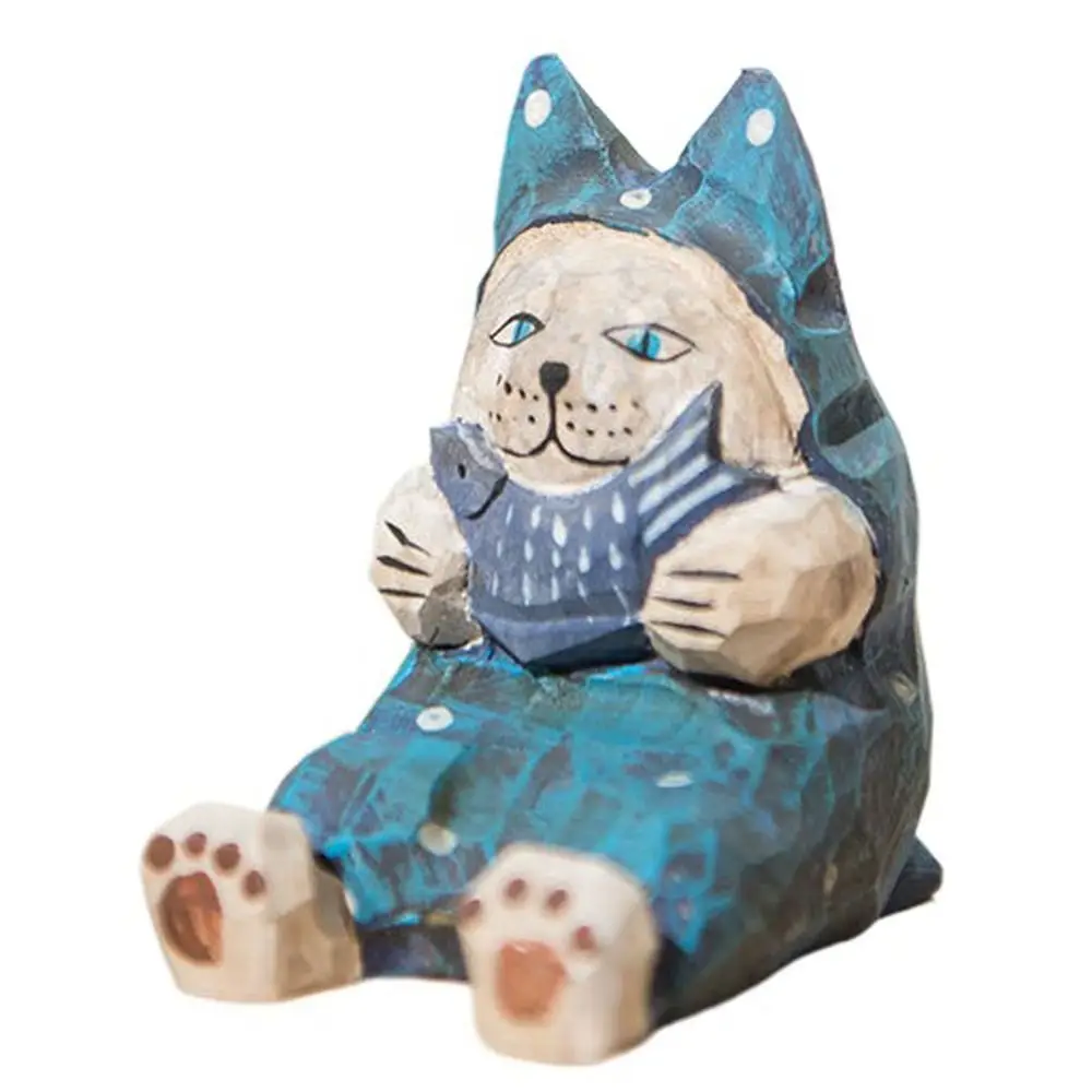 Solid Wood Wood Carving Cat Ornament Handmade Simple Style Painted Cartoon Cat Sculpture Cute Small