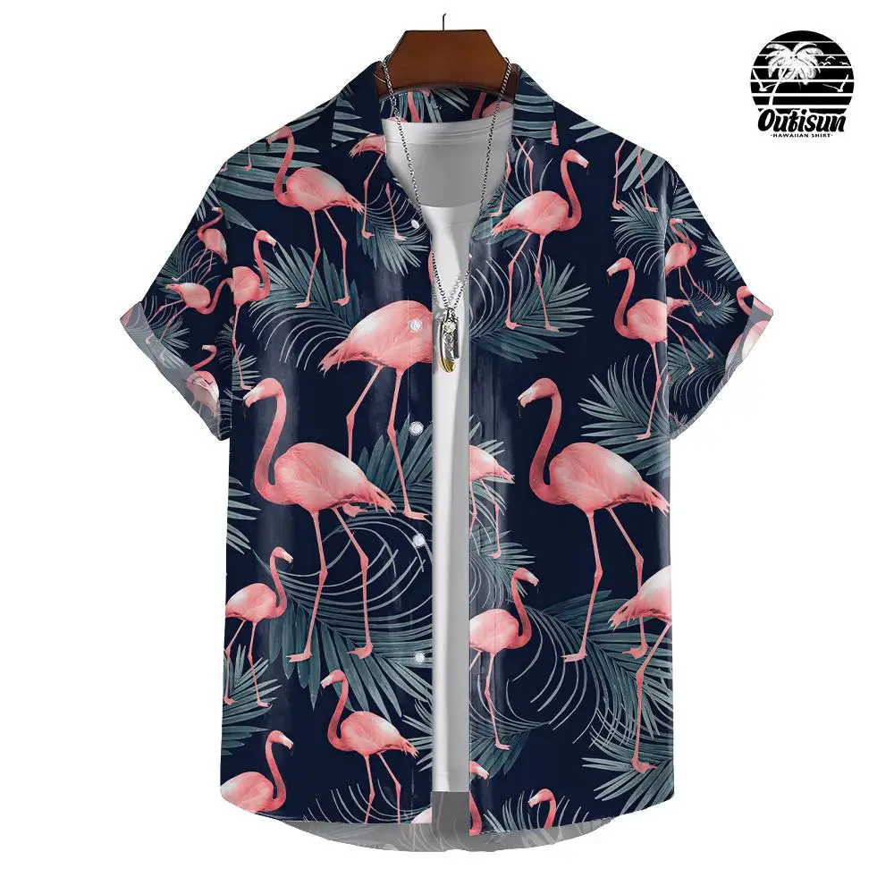 Flamingo Print Hawaiian Men\'s Shirt Ideal for Summer Vacations and Vacation Wear Men\'s Casual Short Sleeve Oversized Tops