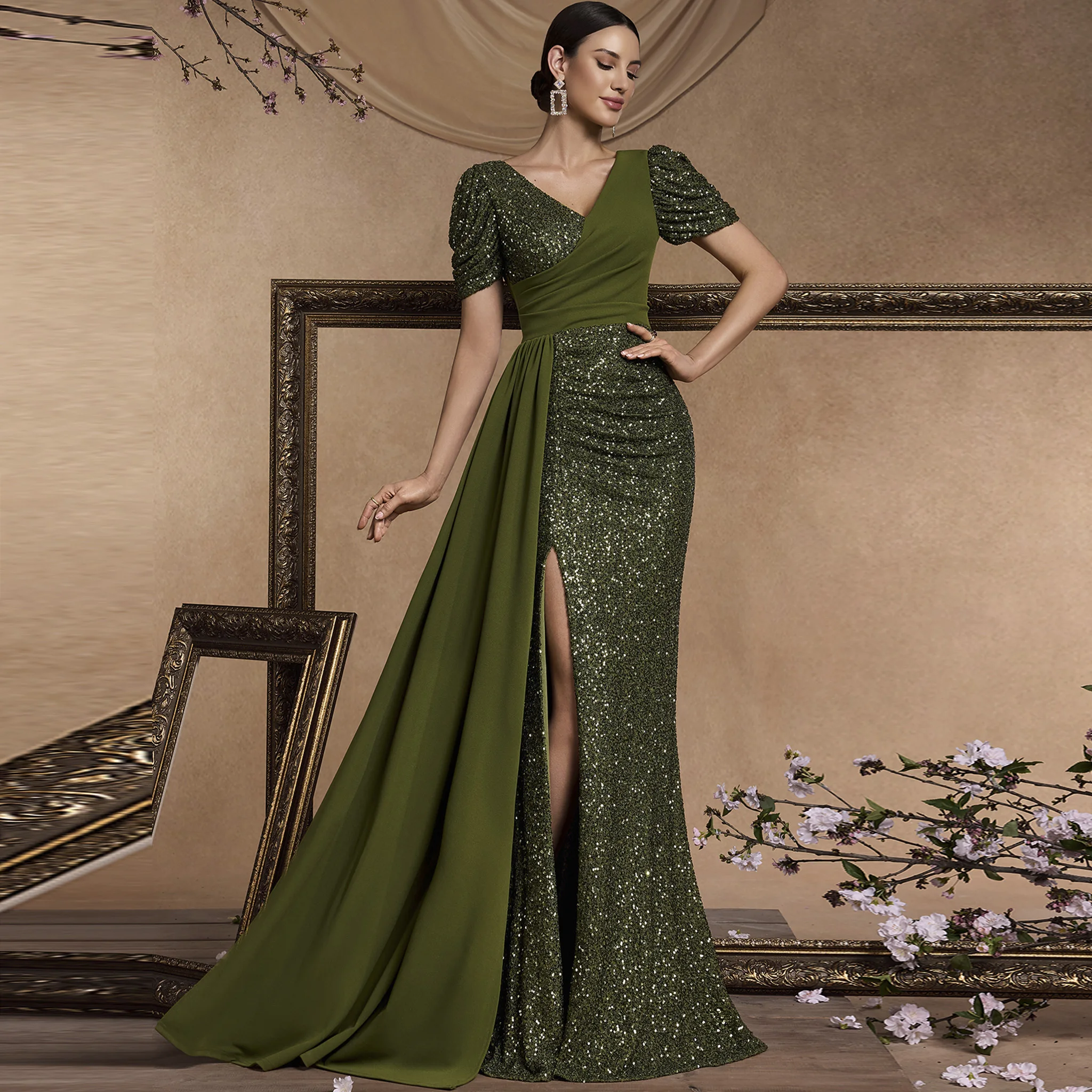 

Rosymae Темно-зеленое платье русалки для выпускного вечера с v-образным вырезом и короткими рукавами из блестящей ткани с пайетками и V-образным вырезом с разрезом на ногах для платья для особых случаев