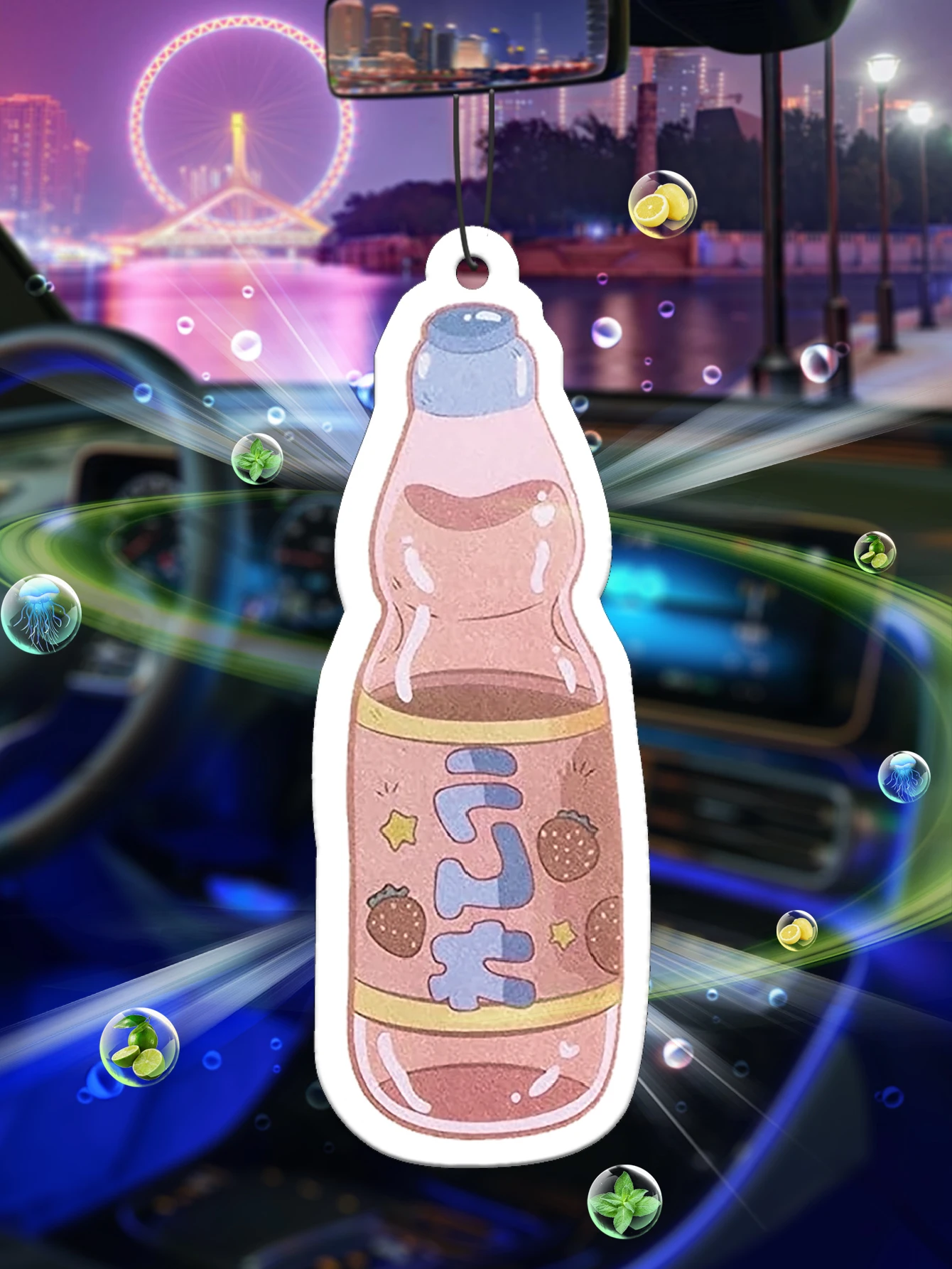 Ambientador colgante para coche con diseño de botella de soda Ramune de fresa japonesa Kawaii, tarjeta aromática con diseño de bebida de anime en mármol pastel para espejo retrovisor