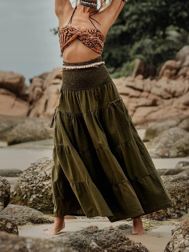 

Elegant Pleated Women's Commute A-line Skirt Casual Solid Color Bohemian Loose Half Skirt Summer New Elastic Waist Pocket Skirts