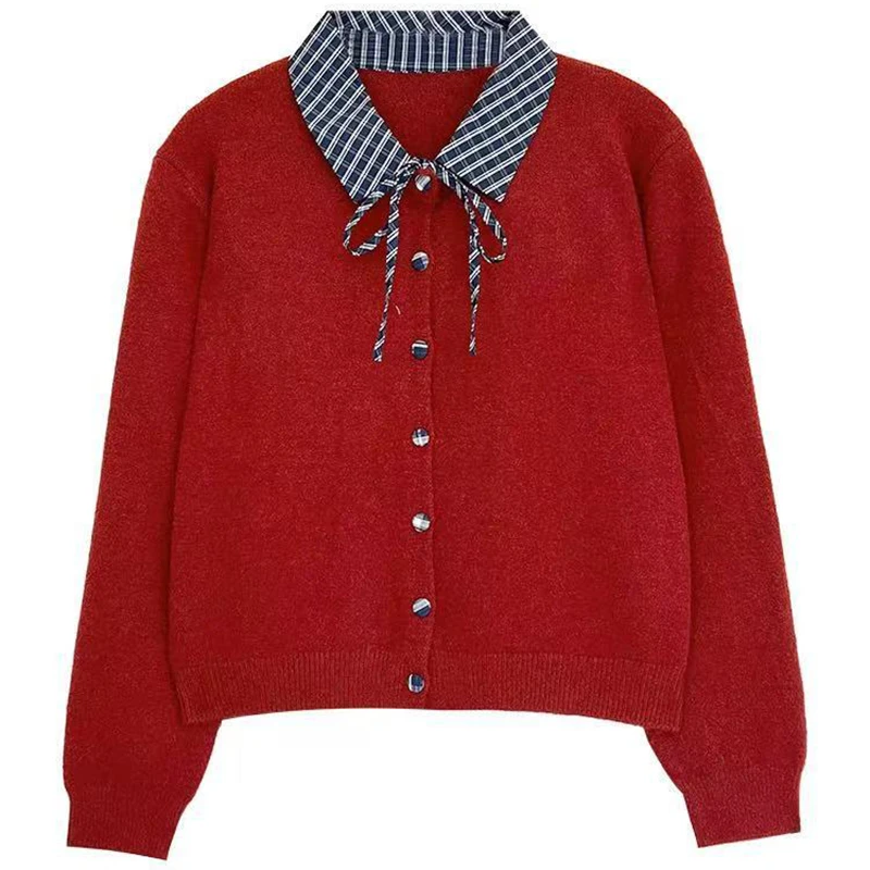 

Корейский свитер с лацканами в консервативном стиле, кардиган, женский лоскутный вязаный свитер в стиле Харадзюку, осенний вязаный кардиган с бантом на шнуровке в стиле ретро