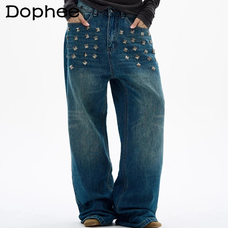 

Men's Women's 2026 Spring New Stylish Rivet Decoration Loose Jeans Fashion Zipper Denim Pants Couple Personalized Denim Trousers