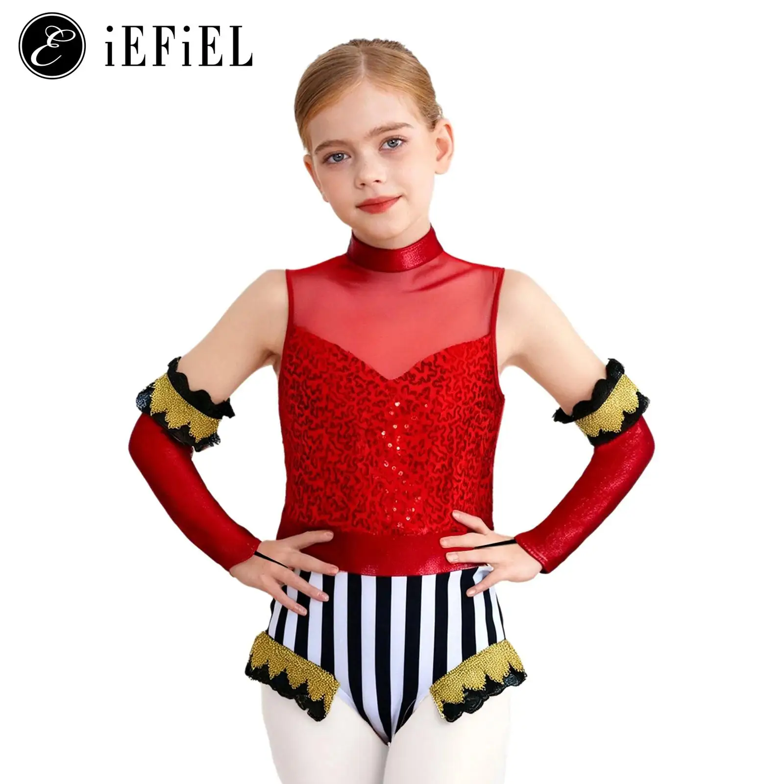 Traje de baile trapecio Ringmaster para niñas, monos de una pieza sin mangas con lentejuelas y guantes de figura, trajes de Cosplay de domador de León