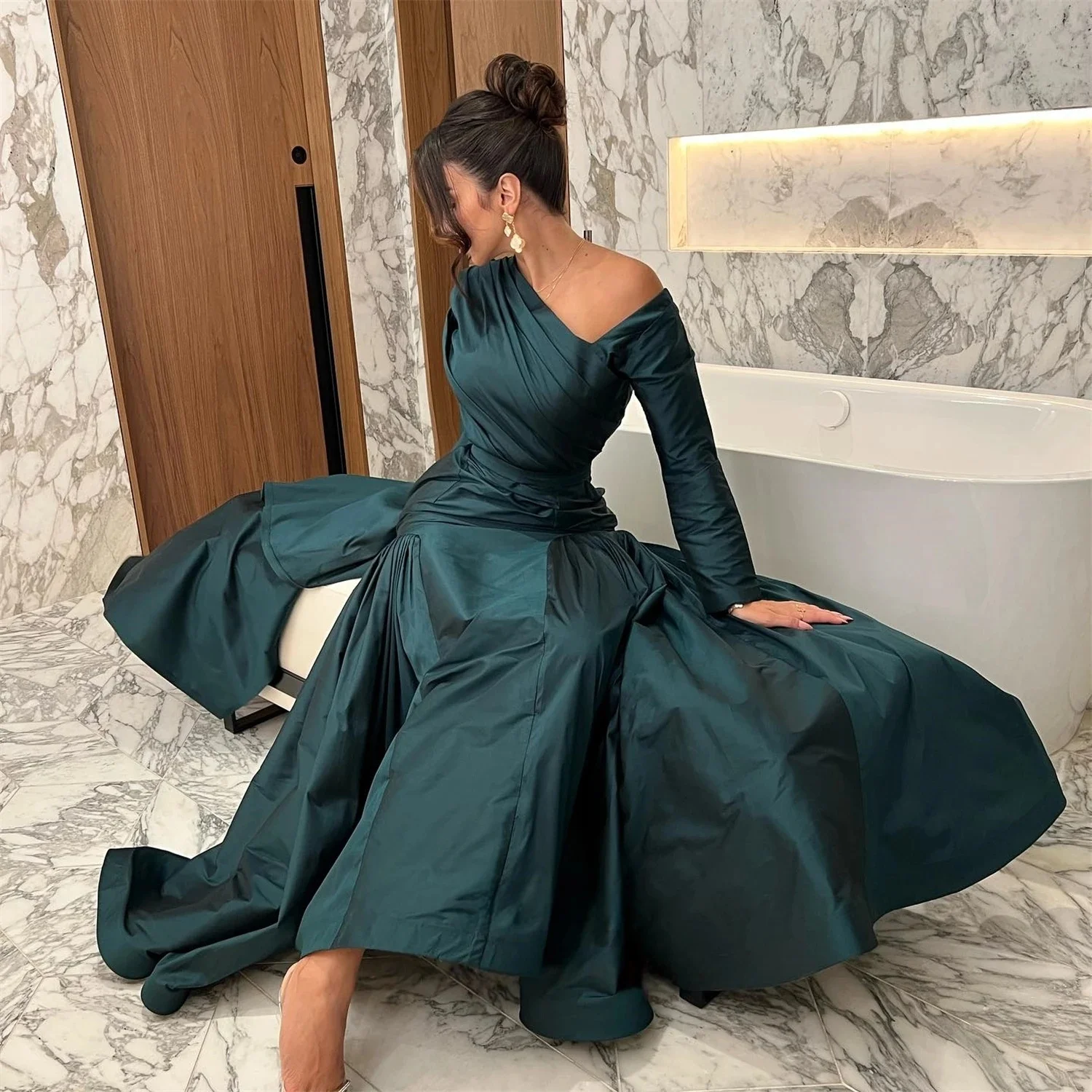 

Teal Formal Long Sleeves Bespoke Occasion Gown Evening Dresses Prom Pastrol Unisex Jersey Retro Dubai Saudi Arabic Customized