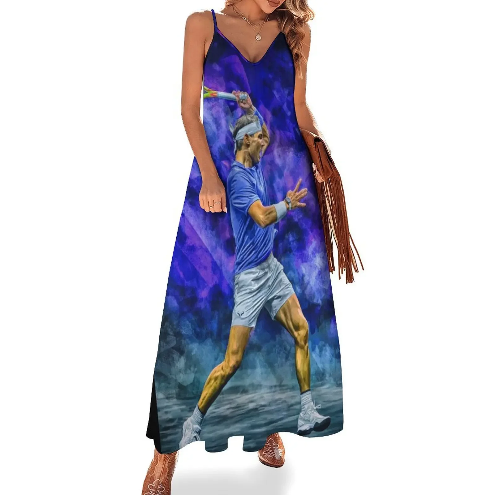 

Rafael Nadal plays classic forehand at LC 2022. Digital artwork print wall poster. Tennis fan art gift. Vamos R Sleeveless Dress