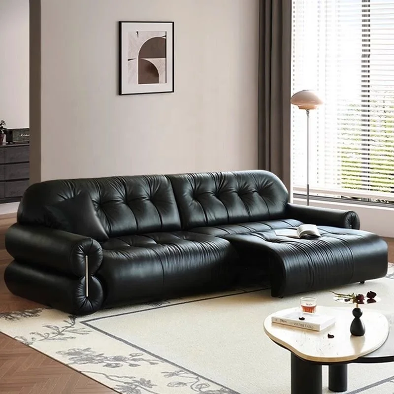 

&S Minimalist Pure Black Leather Sofa Set Light Luxury Sofa Retro Straight Row Mid-ancient Style for Living Room Sectional Sofa*