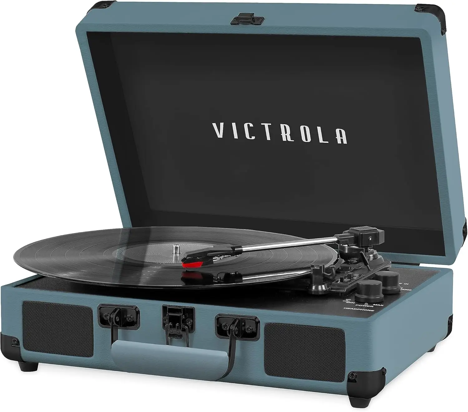 

Portable Bluetooth Suitcase Record Player with Built-in Speakers, 3-Speed Vinyl Turntable, RCA & Headphone Jack - Smoky Blue