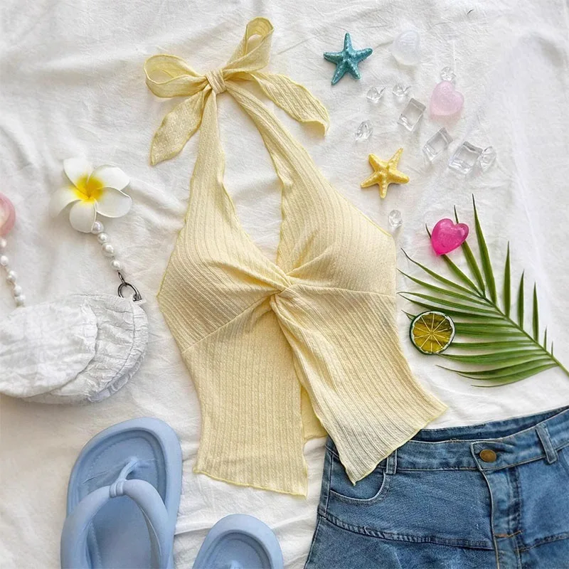 Yellow V-neck Halter Neck Top for Women Summer Y2K Clothes Sexy Sleeveless Backless Crop Top Streetwear image 3