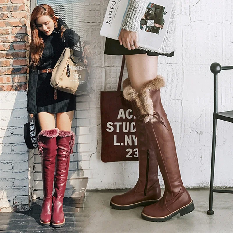 2023 new antumn winter women long boots plus size 22-26.5 cm pu/flock+cony hair over-the-knee boots  women modern snow boots