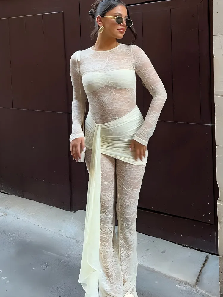 

XIAOTANG Fashion Ribbon Jumpsuit For Women Sexy Lace Hot Girl See-through Slim Jumpsuit Female Street Rompers Autumn Winter New