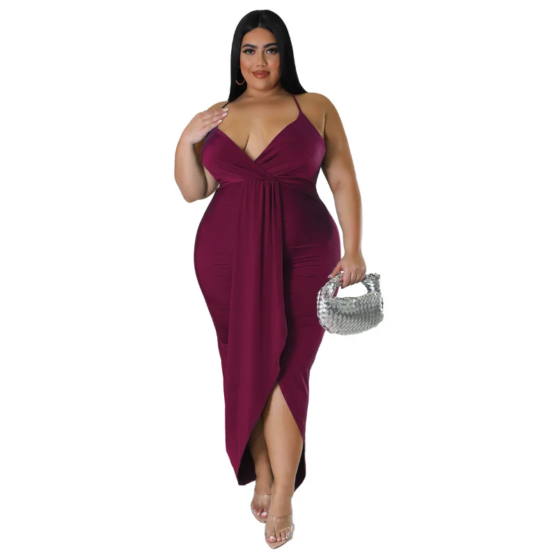 WSFEC L-4XL Plus Size Women Clothing Party Dresses 2023 Spring Summer Halter Sleeveless Split Bodycon Sexy Elegant Evening Dress