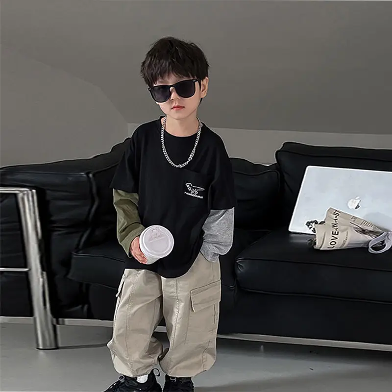 False Two-piece Casual Round Neck Boys' Top 3 Year Old Boy Clothes Children's T-shirt Kids Long Sleeve Tee Clothing 7 14 Years 8