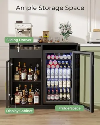 39" Coffee Bar Cabinet with Mini Fridge Space & LED Lights, Black | Mini Fridge Cabinet with Drawer & Storage Cabinet - view 4