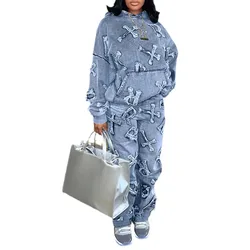 Fitness Women 2 Piece Set Fake Denim Printed Baggy Hoodies Jogging Pants Matching Set 2023 Fall Winter Outfits Sporty Tracksuits