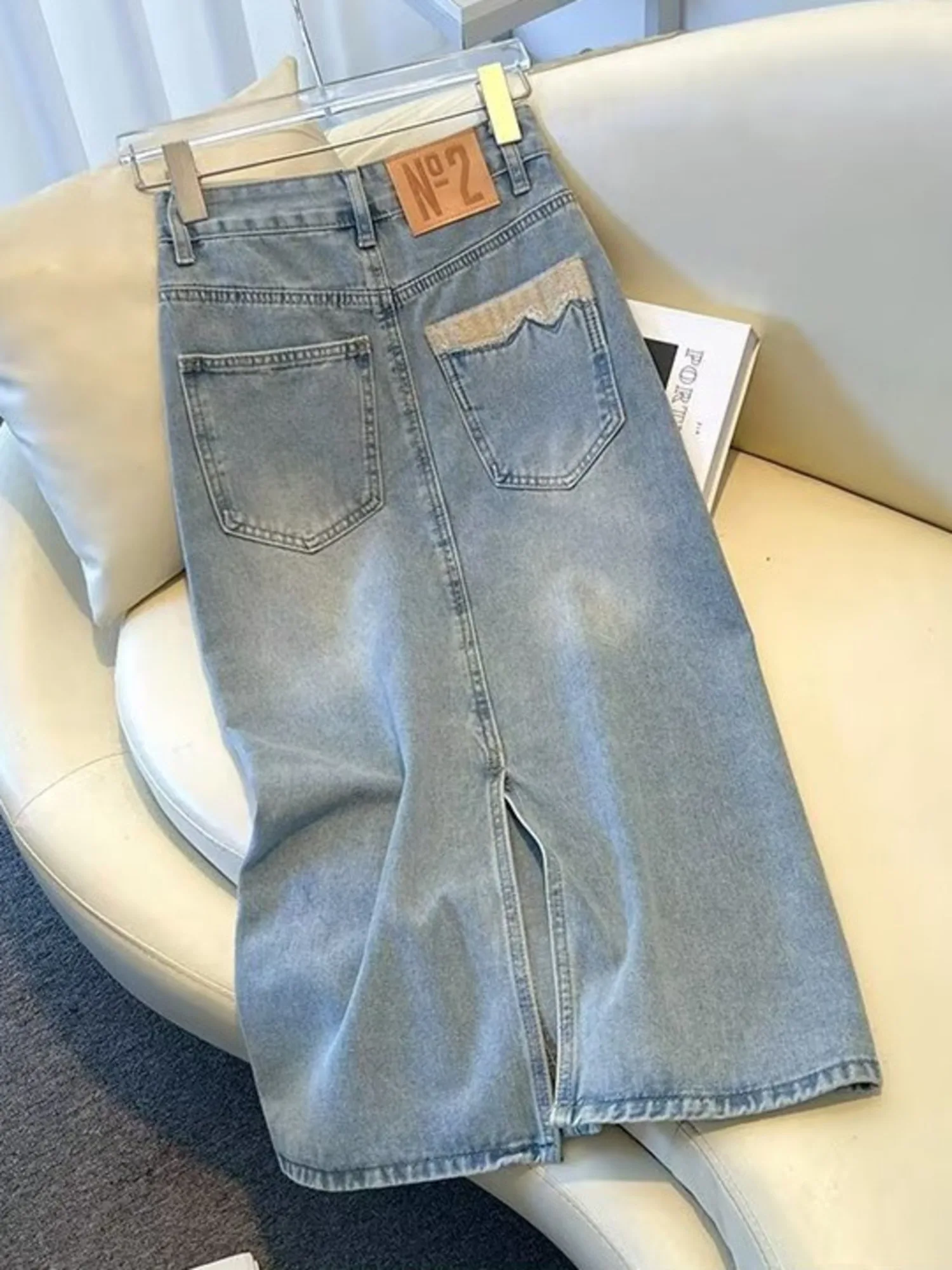 

Women's High Waist Denim Midi Skirt Light Blue Wash Contrast Embroidery Pocket Jean Skirt with Slit Raw Hem Casual