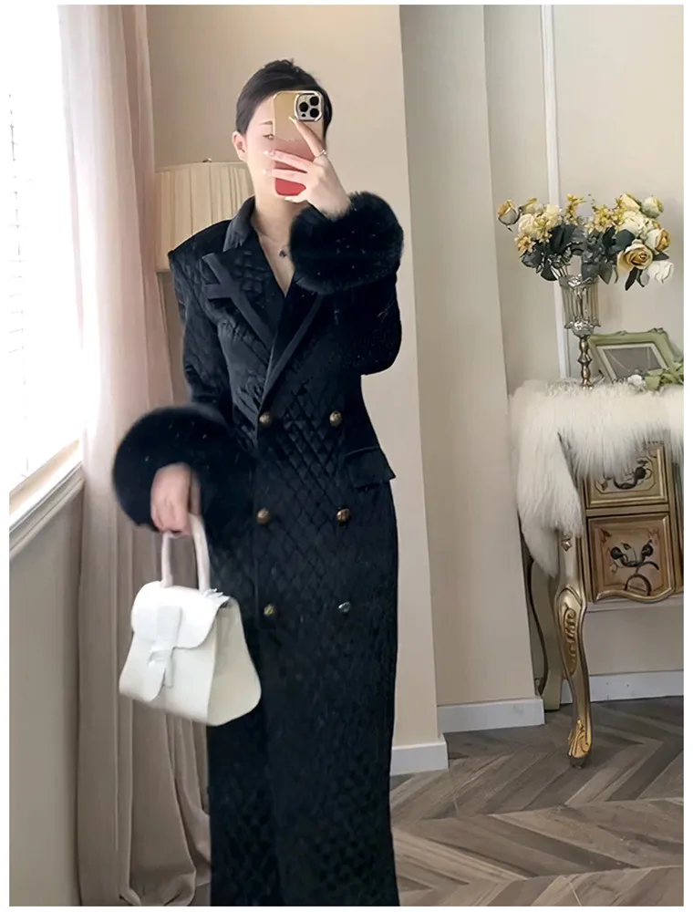 2023 Autumn Winter New Fashion Elegant Wool Sleeves Diamond Pattern Over knee long Coat for women Thickened Warm Overcoat Y4334