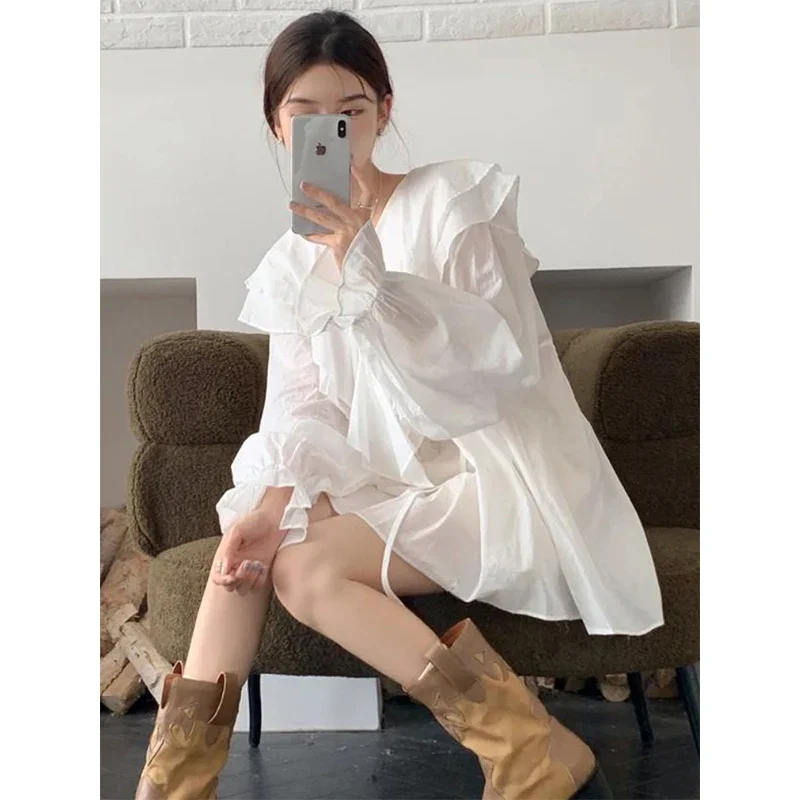 MEXZT Vintage Sweet Ruffles Shirts Women 4Xl White Elegant Oversize Sun-Proof Blouses Korean Cute Flare Sleeve Loose Casual Tops