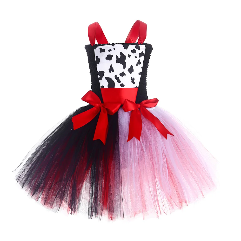 Evil Cruella Cosplay Costumes for Girls Wicked Witch Queen Halloween Dresses for Kids Dalmatian Dog Tutu Outfit Children Clothes