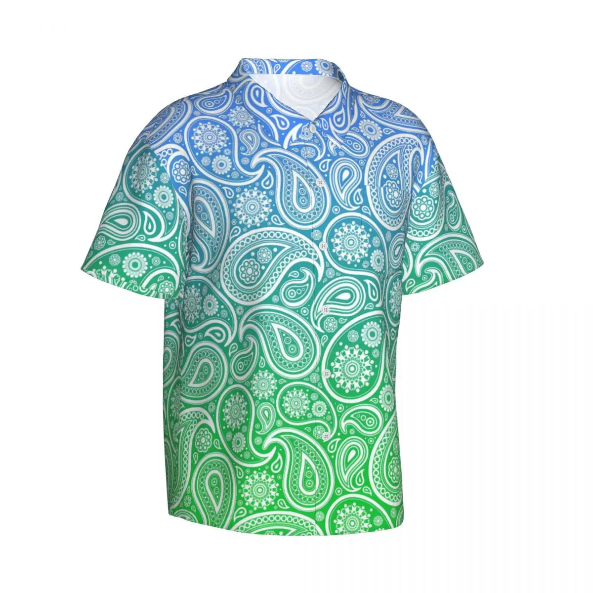 White Paisley Vacation Shirt Man Blue to Green Ombre Casual Shirts Hawaiian Short Sleeve Custom Elegant Oversized Blouses Gift