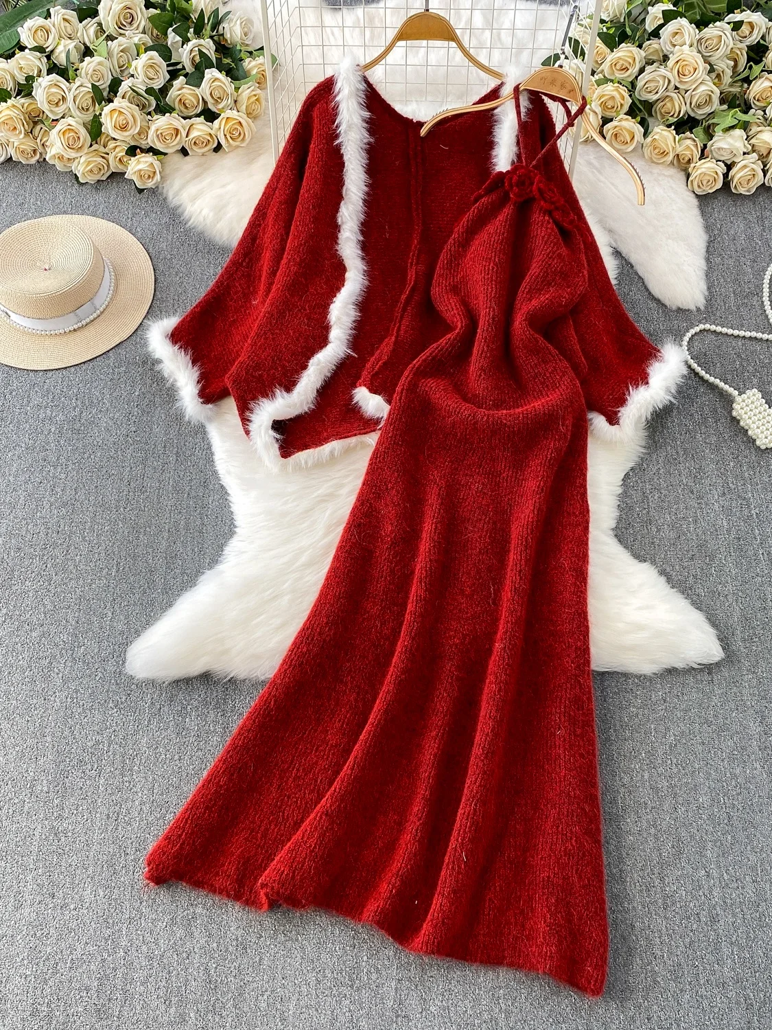 엘레 롱 니트 드레스 헤비 퍼 패치워크 레이지 코트 하이 웨이스트 A라인 스커트 슬레 윈터 이브닝 파티 드레스