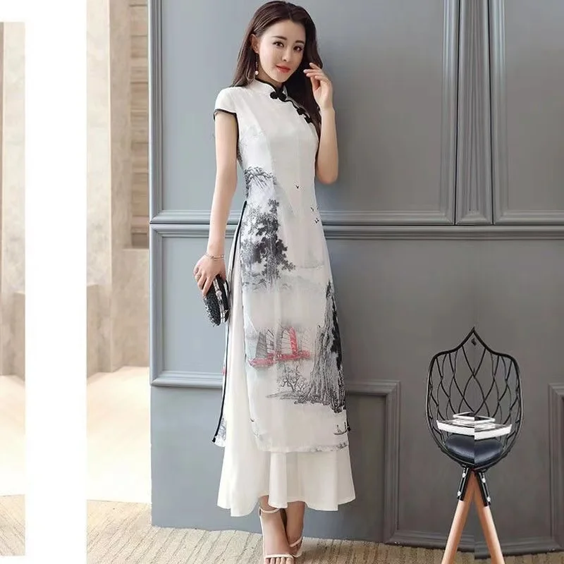 Robe Qipao élégante en mousseline de soie, Style chinois Vintage, Slim, vêtements pour femmes, peinture de paysage, Cheongsam blanc, été