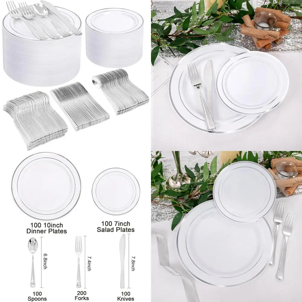 

Silver Plastic Dinnerware Set for 100 Guests, Including 100 Dinner Plates, 100 Salad Plates, Silverware for 100