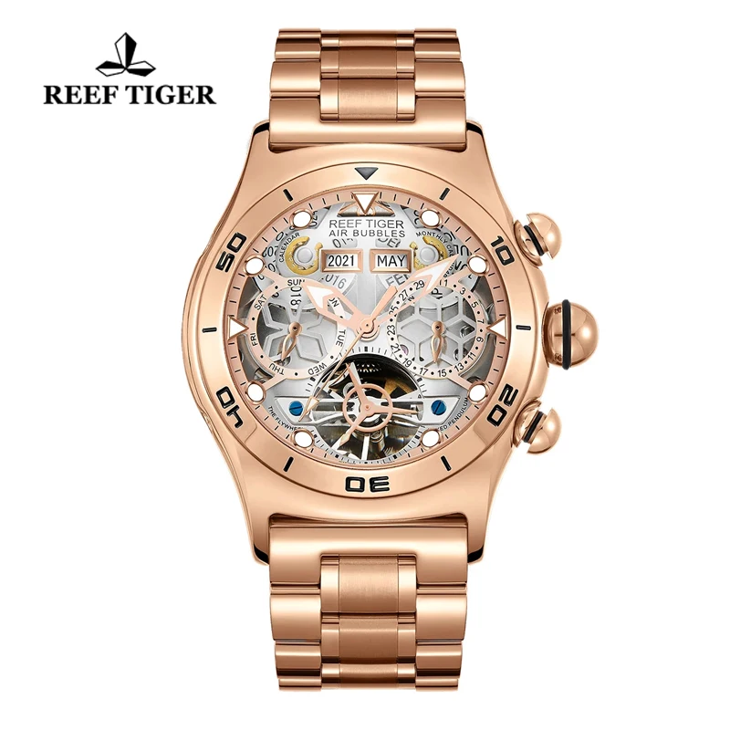 Reef Tiger/RT Men Sport Watch Skeleton Automatic Mechanical Watch Luminous Year Month Date Day Rose Gold Steel Bracelet Watches