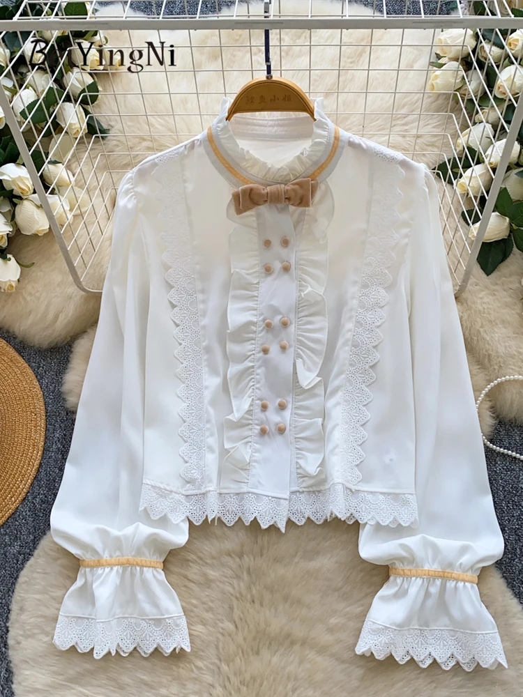

Beiyingni, элегантные женские топы во французском стиле, кружевные осенние повседневные женские рубашки с бантом, винтажные OL, высококачественные блузки с длинными рукавами