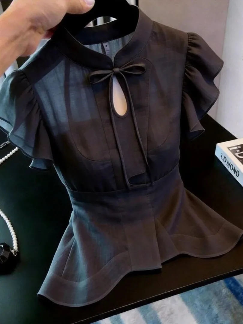 

Slimming Knot Stand Collar Lace Sleeve Waist Cinched Chinese Style Women's Shirt Fashionable Summer New Arrival