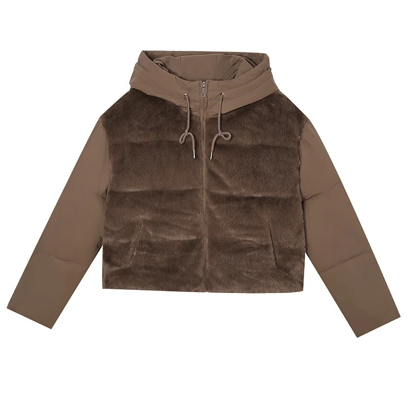 Plush patchwork Cotton Jacket 2026 Coffee Color Short Hooded Winter New Thick Coat Fashionable Long Sleeved Loose Warm Top