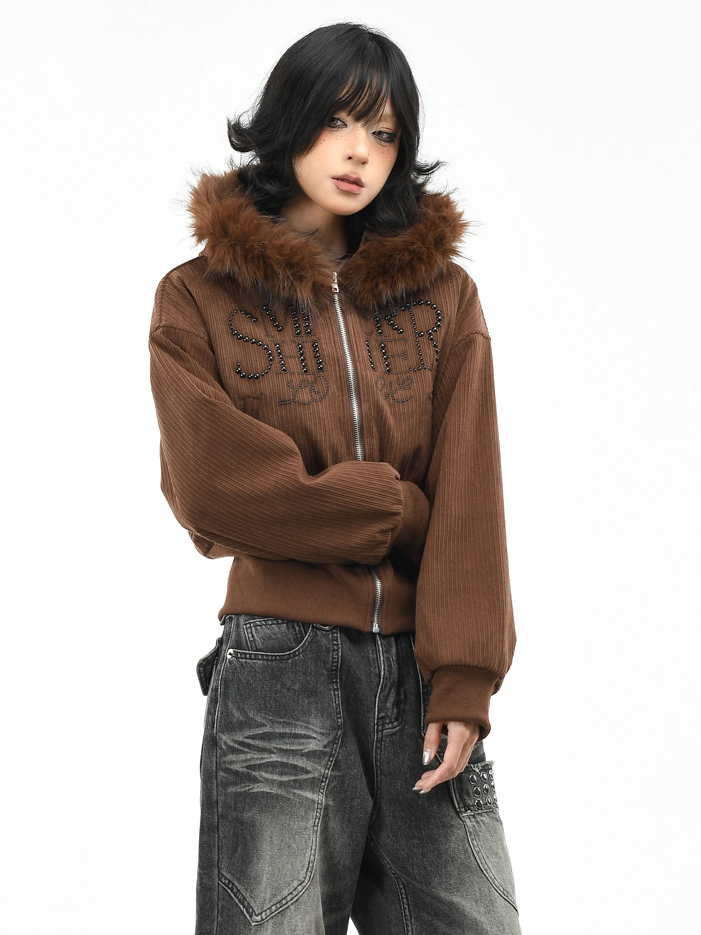 

OV оригинальная американская ретро вельветовая хлопковая куртка женская со съемным меховым воротником теплая хлопковая одежда хлопковое пальто