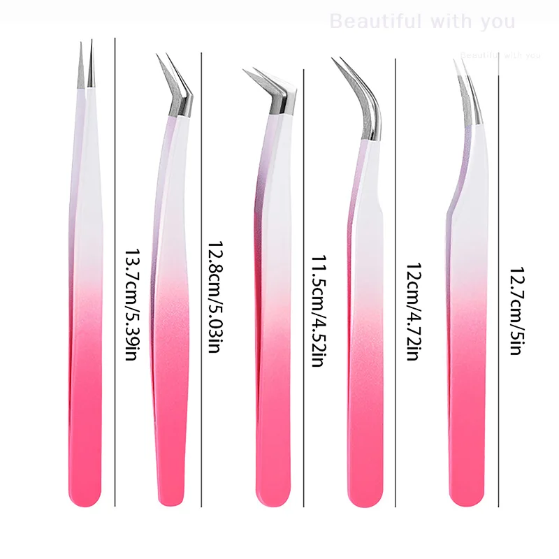 Eyelash Tweezers Extension Gradient Rose Red Stainless Steel Superhard Tweezers With Fiber Tips High Precision Ant-Static Tweez