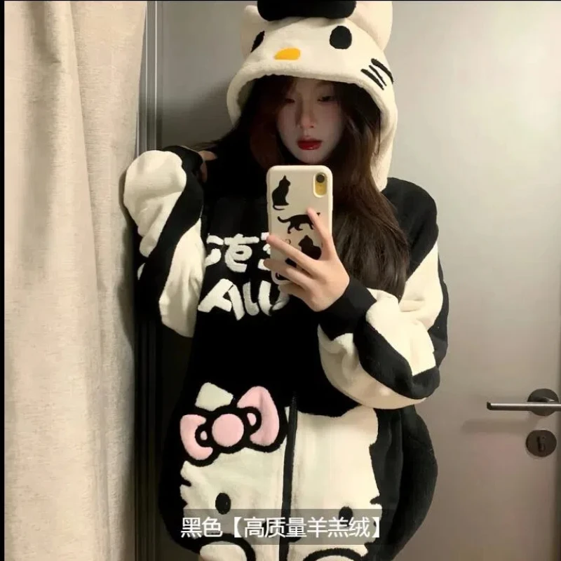 Hello Kitty Polar Fleece Jacket Anime Cartoon Sanrio Female Winter Thickened Cotton Jacket Student Warm Couple Cotton Tops