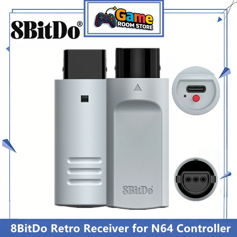 Receptor Retro 8BitDo para controle N64 sem fio, compatível com Windows 10/11, cabo Bluetooth USB, acessórios para gamepad.