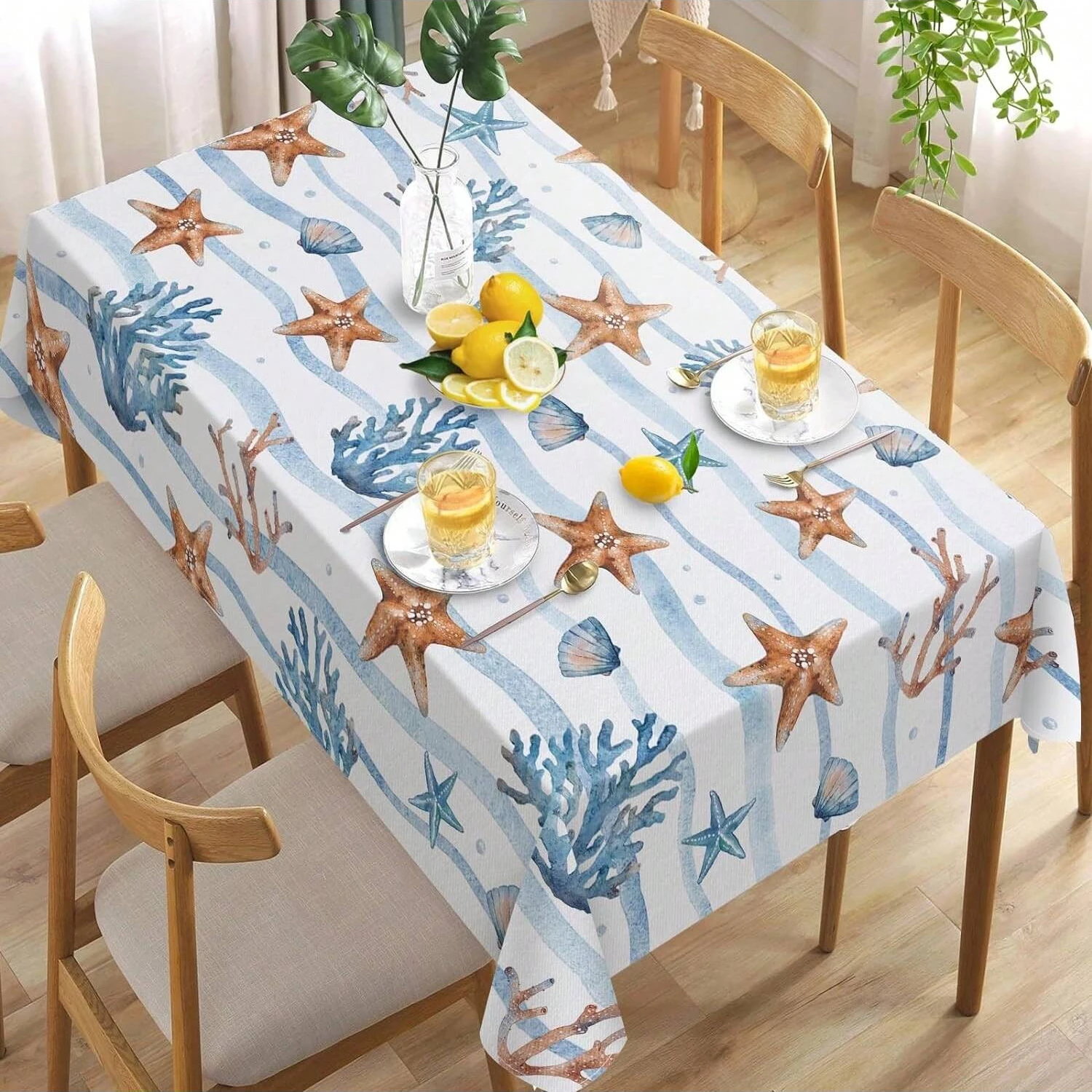 Summer Sea Star Conch Coral Tablecloth Coastal Waves Striped Table Cover for Nautical Dining Table Beach Party Picnic Decoration