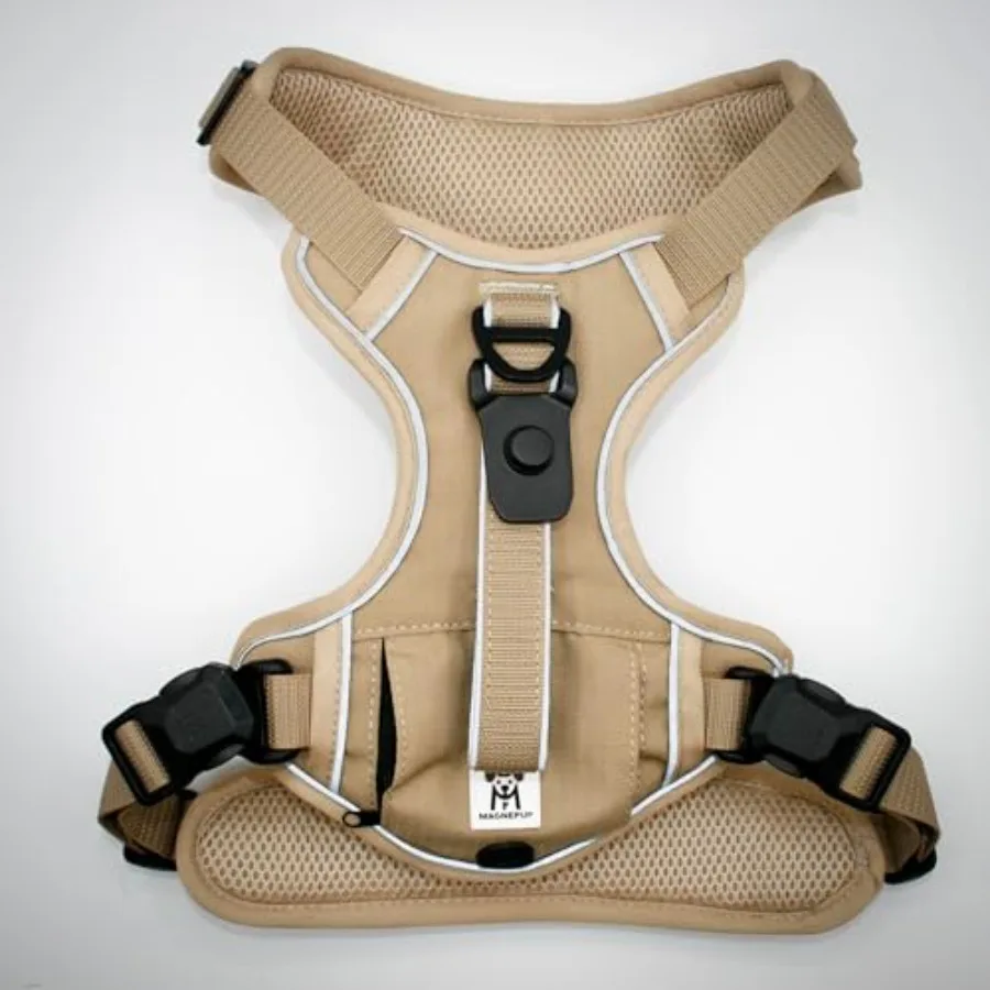 

Dog Harness Medium Tan Adjustable Fit 16.5 25" Neck and 20 24" Chest Harness with Waste Bag Holder, Patented Magnetic Click and