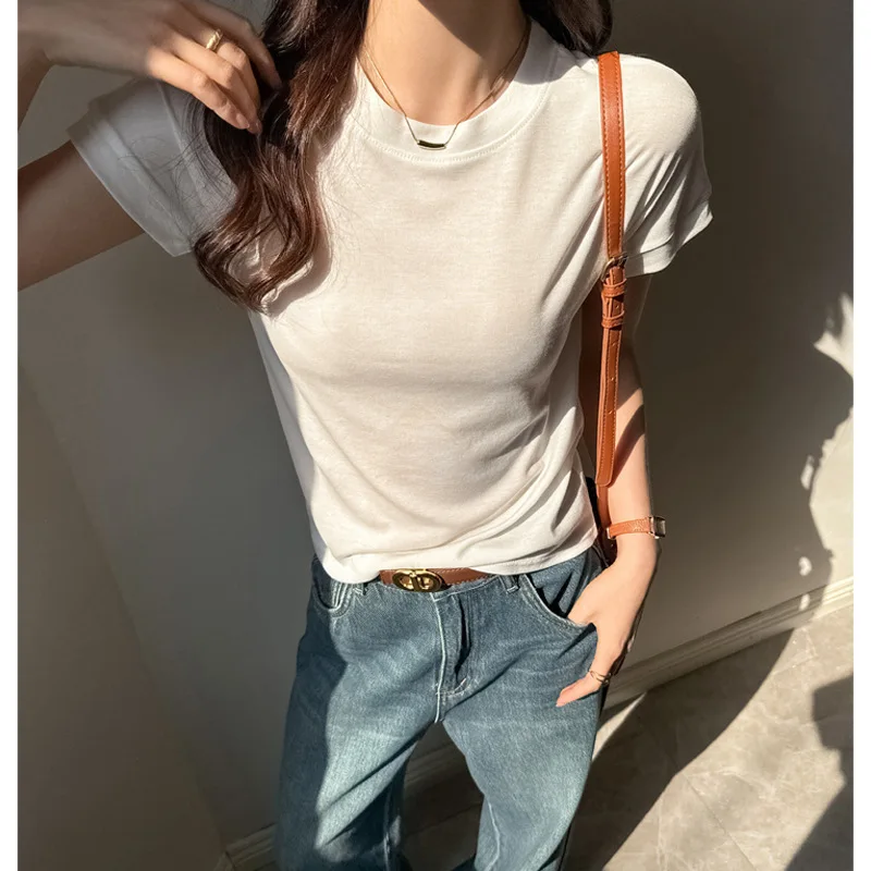 

Lyocell Summer Round Neck Regular Shoulder Short Sleeve T-Shirt for Women High-End Design Sense Sleeveless Slim Fit
