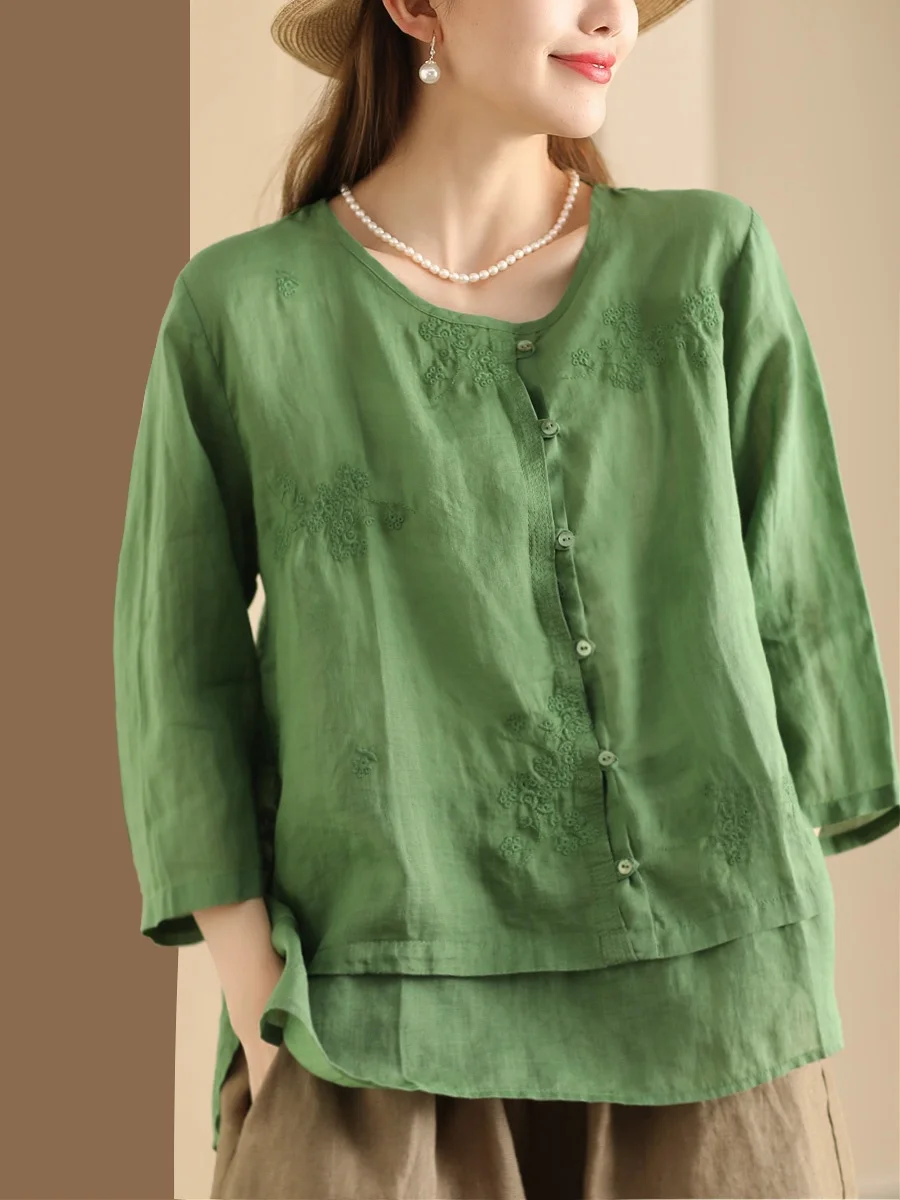 

Retro Embroidered Flax irt Garden Beau Ele Patchwork Hemline Summer Nine-Quarter Sve Top Women's Busin Casual L...