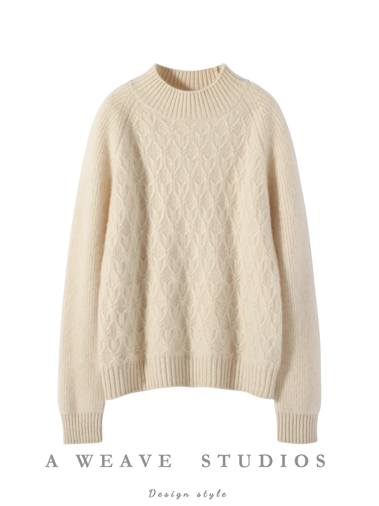 

Women's Mock-neck Sweater Cashmere Twist Flower Pullover Autumn Winter Raglan Sleeve Thick 100% Cashmere Knitwear Warm Clothing