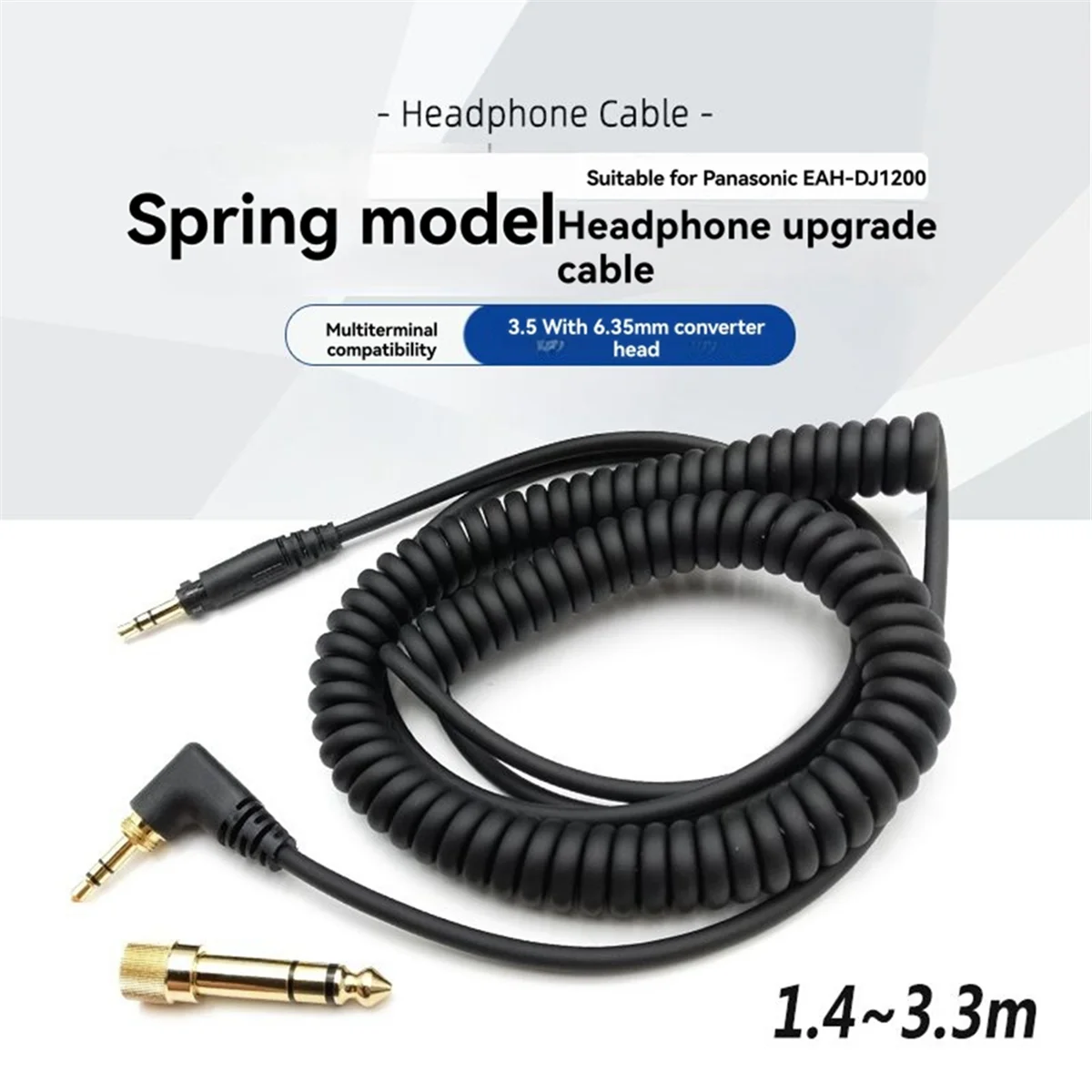 NEW Spring Headphone Cable for Technics EAH-DJ1200 Headset Replacement Cable with 3.5mm and 6.35mm Connectors