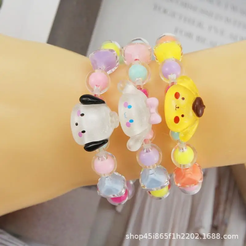 Handmade Sanrios Bracelet Cartoon Kid Kuromi Melody Cinnamoroll Girl Jelly Color Resin Beaded Jewelry Independent Packaging Gift