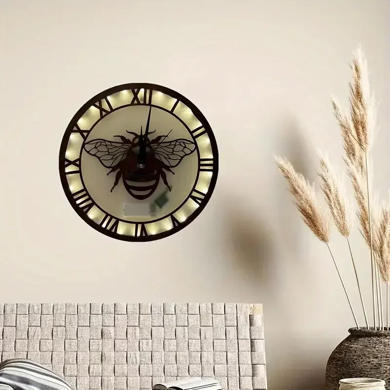 R-ZH Festive Decor Hanging Clock Creative Ornament Sound And Light Control Induction Lamp LED Wooden Wall Clock