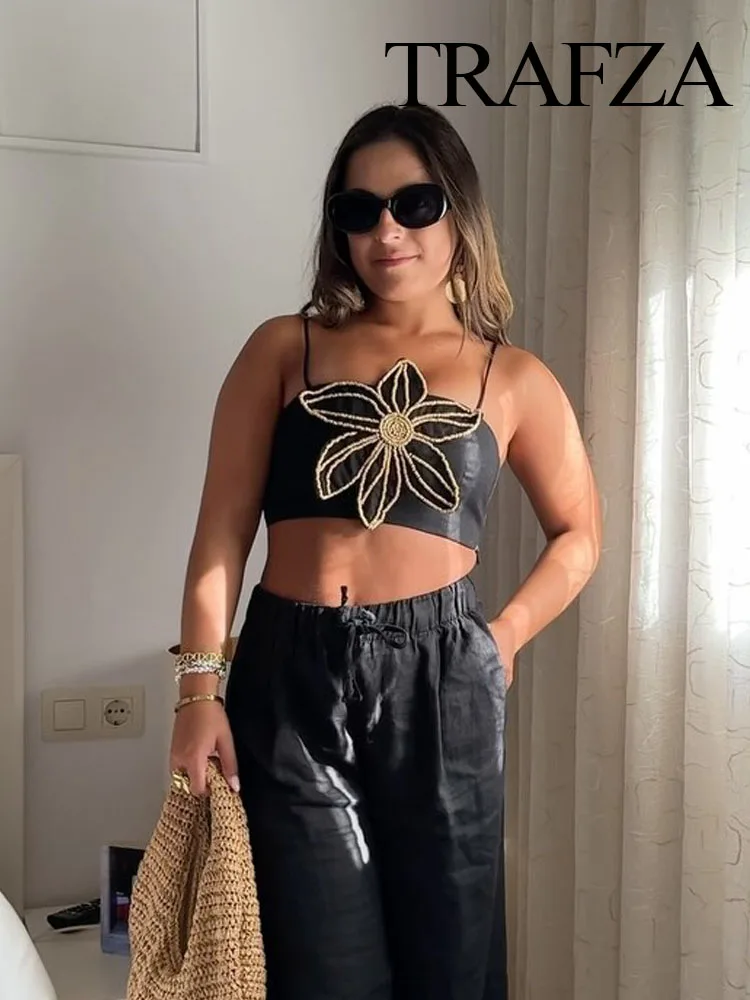 

TRAFZA Women Elegant Sexy Sleeveless Backless String Beads Flower Decorate Chic Mini Top Woman Summer Streetwear Style Crop Top