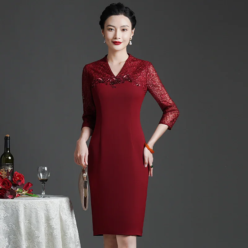 

Yourqipao 2023 Autumn Red Fashion Retro Elegant Young Mother Wedding Dress Banquet Chinese Style Evening Dress for Women Party