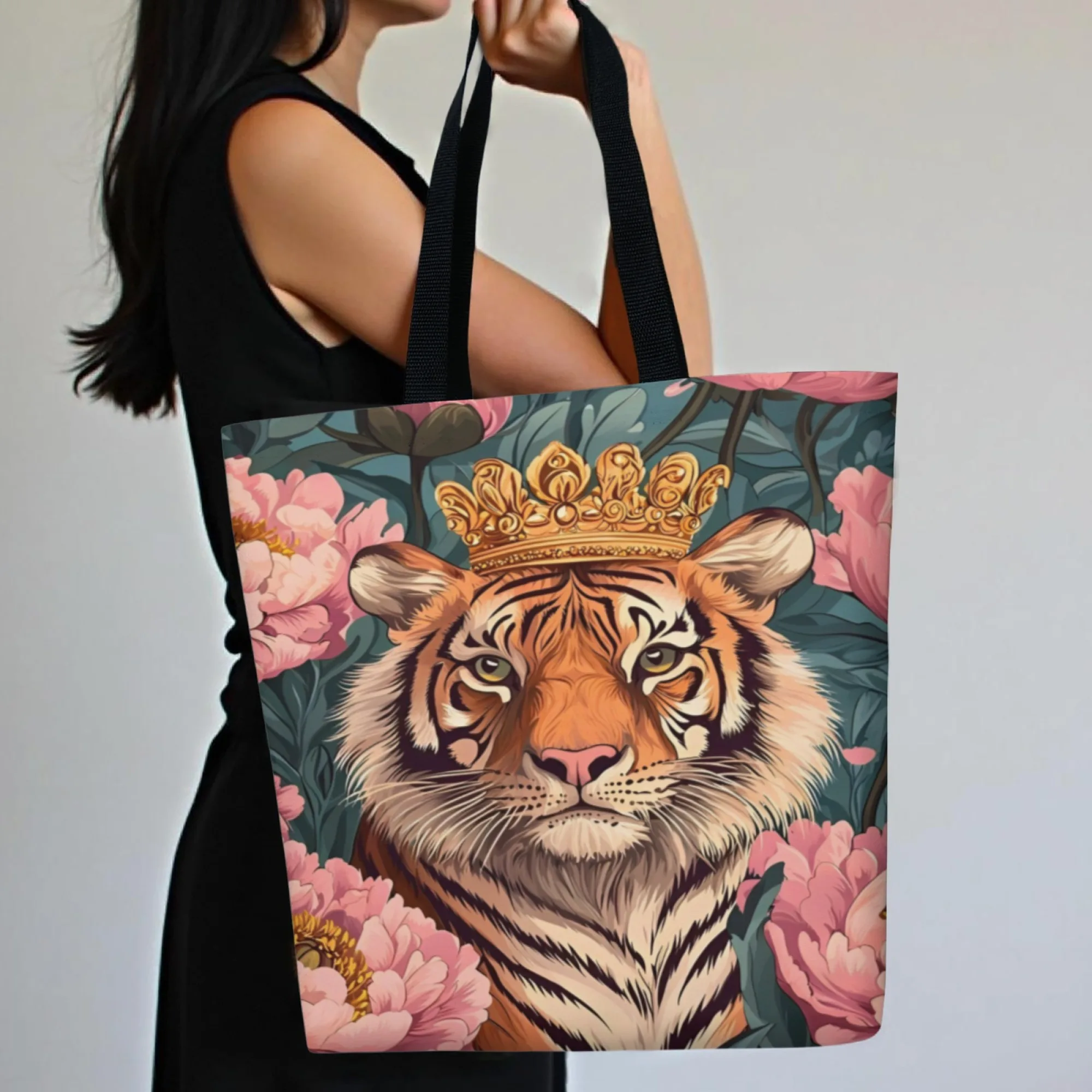 

Royal Tiger with Crown Women Tote Bag Floral Pattern Canvas Reusable Shoulder Bag Ideal Gift for Animal & Luxury Style Lovers