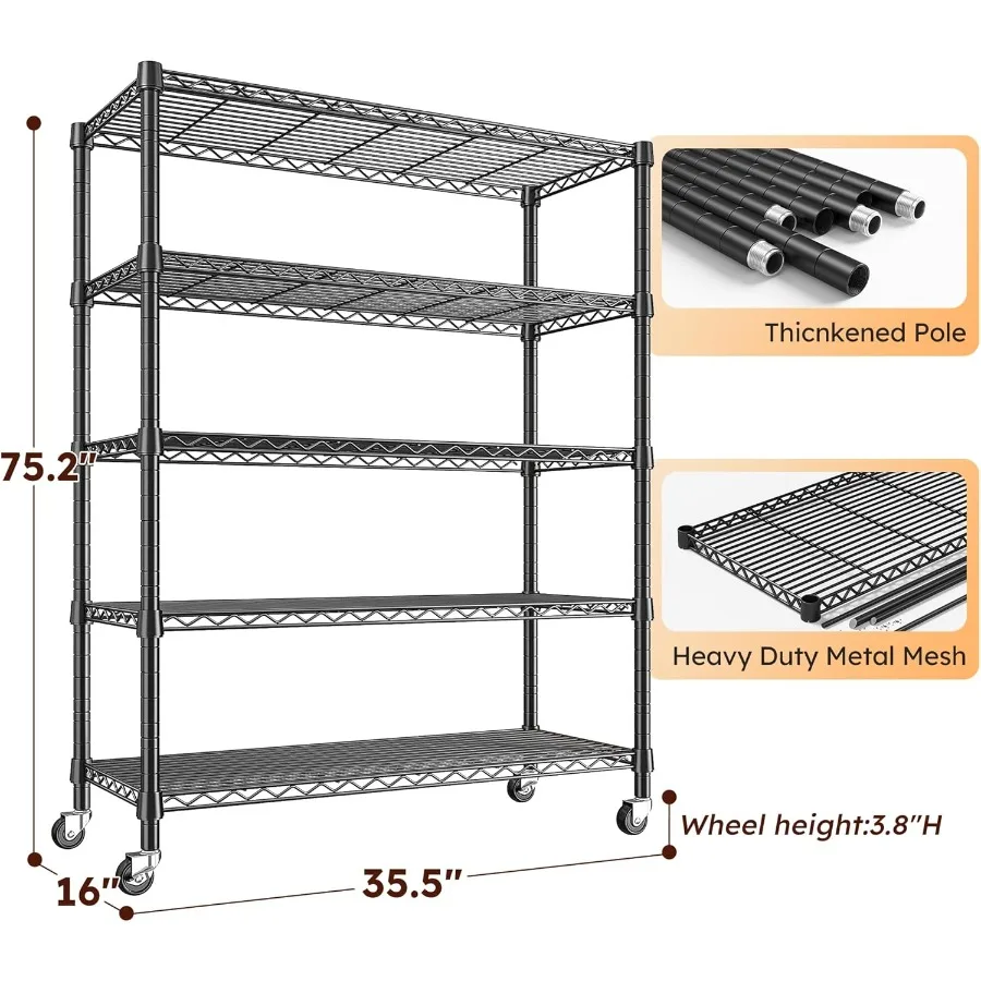 Rak Penyimpanan 1984LBS dengan Roda 75.2H Unit Rak Kawat Rak Logam dengan Roda Kaki 5 Tingkat Rak Logam yang Dapat Disesuaikan untuk Asrama