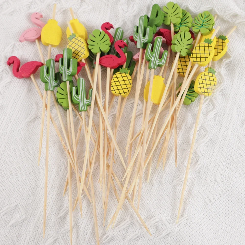 50Pcs Hawaii Flamingo Pineapple Disposable Bamboo Food Picks Dessert Fruit Forks for Tropical Beach Birthday Wedding Party Decor