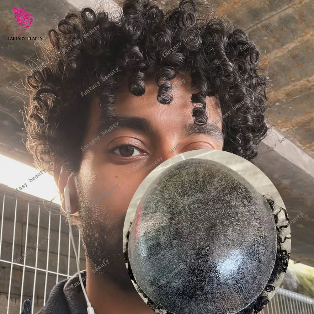 

10 мм афро-кудрявые кудрявые мужские ткани # 1B Черный Серый Коричневый Парик из 100% человеческих волос Полностью полипарик Система капиллярного протеза